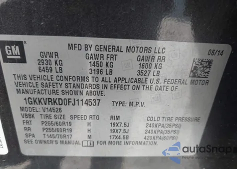 2015 GMC Acadia Slt-1 из США, поврежденный, VIN 1GKKVRKD0FJ114537